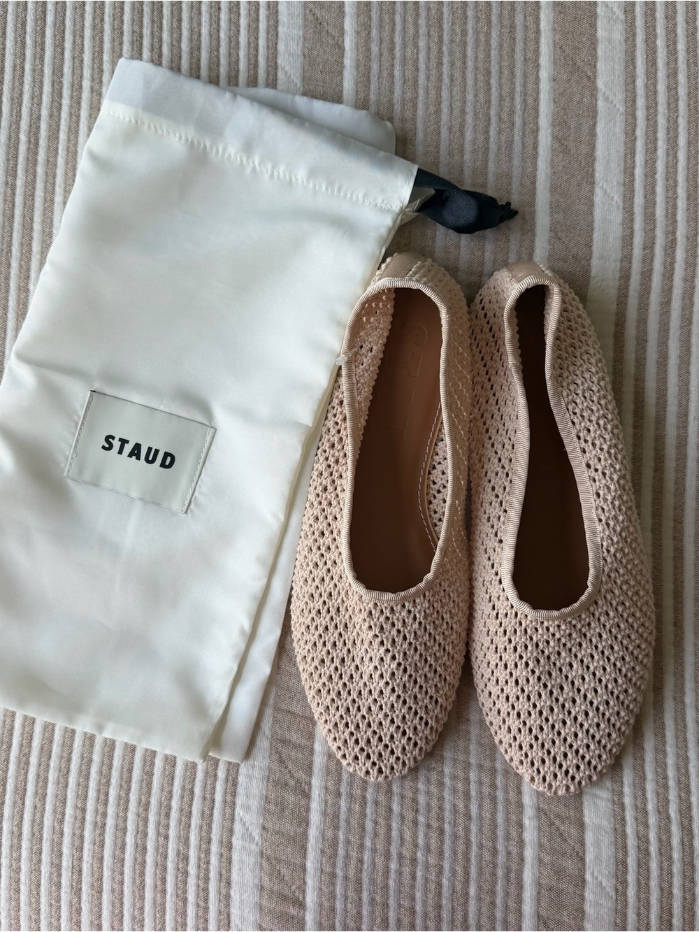 STAUD Crochet Knit Ballet Flats in Beige